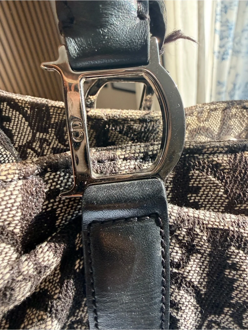 Dior Black and Gray Monogram Tote with calf leather Dark Blue Straps